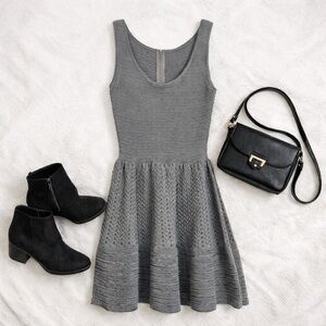 Grey Knit Fit & Flare Sweater Dress Skater Sleeveless Minimalist S Wool Blend